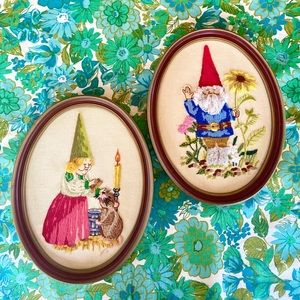 Set 1960s 1970s Vintage Embroidered Gnomes Framed